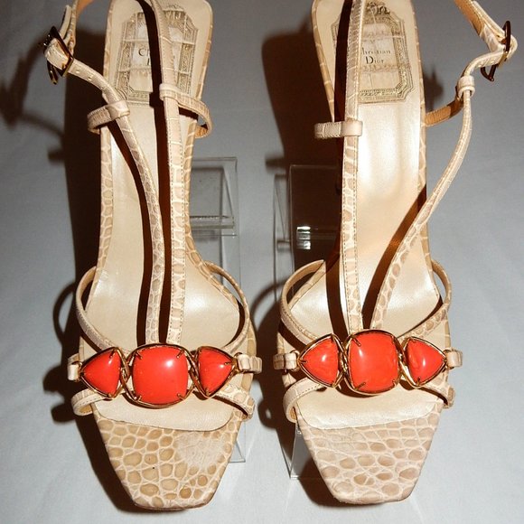 CHRISTIAN DIOR TAN CROC. EMBOSSED JEWELED SANDALS / EU 39 - Picture 2 of 5